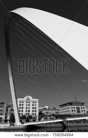 Arch of the Gateshead Millenium Foot Bridge in Newcastle England- Black and White and Portrait Orientation