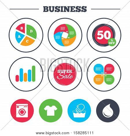 Business pie chart. Growth graph. Wash machine icon. Hand wash. T-shirt clothes symbol. Laundry washhouse and water drop signs. Not machine washable. Super sale and discount buttons. Vector