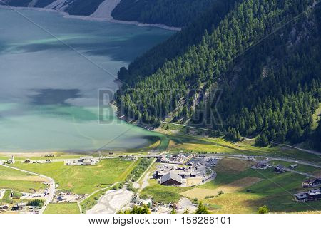 Aerial View Of Livigno Lake In Alps Mountains, Lombardy, Italy