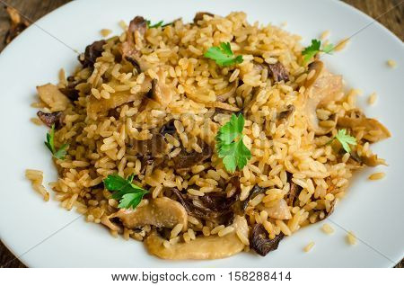 Homemade traditional Italian mushroom risotto on wooden table. Classic Risotto with mushrooms and vegetables served on a white plate. Wild mushrooms risotto with parsley.
