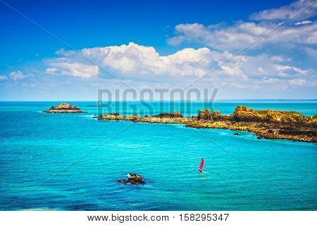 Brittany ocean panorama Landes island and lighthouse Point du Grouin. Mont Saint Michel bay entrance. Cancale France
