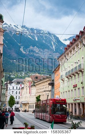 INNSBRUCK, AUSTRIA - MAY 3, 2015: Buildings with nice view in Innsbruck city, Photo taken from the road