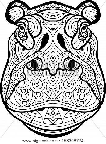 The head of the mighty Behemoth. Monochrome ink drawing. Zenart. Coloring book antistress for adults. Psychotherapy
