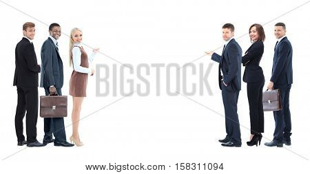 Portrait of happy smiling young business people showing blank ar