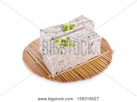 tofu mix black sesame seeds on bamboo mat with white background