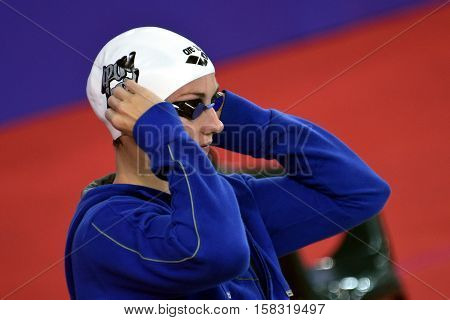 Hong Kong China - Oct 29 2016. Olympic world and European champion swimmer Katinka HOSSZU (HUN) at the start. FINA Swimming World Cup Preliminary Heats Victoria Park Swimming Pool.