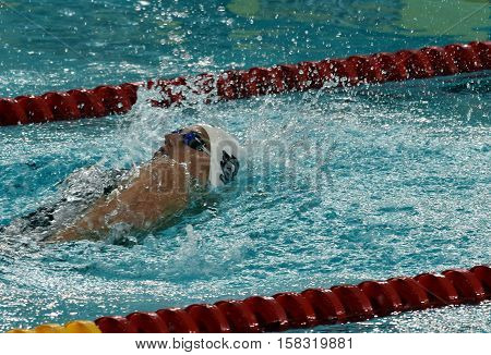 Hong Kong China - Oct 29 2016. Olympic world and European champion swimmer Katinka HOSSZU (HUN) swimming backstroke. FINA Swimming World Cup Preliminary Heats Victoria Park Swimming Pool.