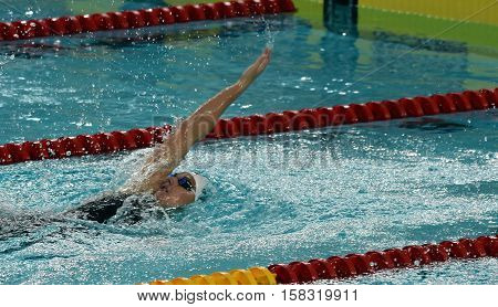 Hong Kong China - Oct 29 2016. Olympic world and European champion swimmer Katinka HOSSZU (HUN) swimming backstroke. FINA Swimming World Cup Preliminary Heats Victoria Park Swimming Pool.