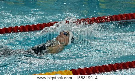 Hong Kong China - Oct 29 2016. Olympic world and European champion swimmer Katinka HOSSZU (HUN) swimming backstroke. FINA Swimming World Cup Preliminary Heats Victoria Park Swimming Pool.
