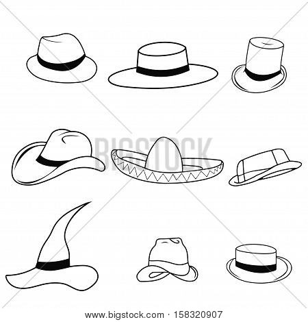 Hipster Retro Vintage Vector Icon Set of hats - sombrero, cylinder, passport, Safari pith  wizard  Ravin, English , a cowboy, vector