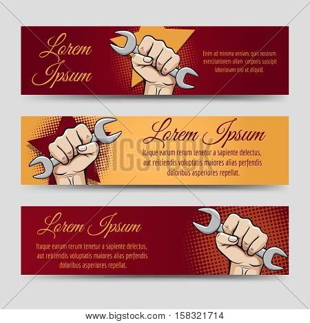 Labor day banners vector set. Horizontal banners with working hand and wrench