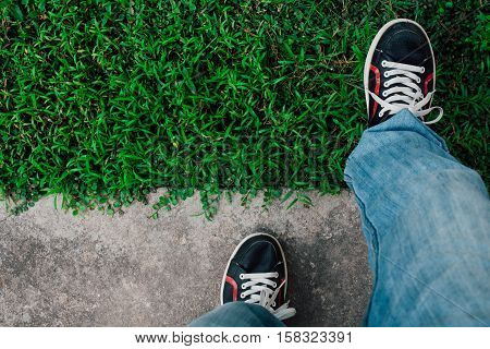 Walk from cement floor to grass walk to nature