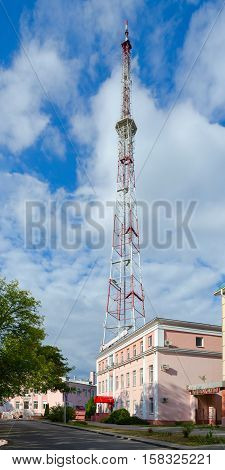 GOMEL BELARUS - SEPTEMBER 24 2016: TV and radio company Gomel and mast of radio and television transmitting station Pushkin Street Gomel Belarus