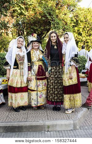 SELARGIUS, ITALY - September 11, 2016: Former marriage Selargino - Sardinia - group of people in traditional Sardinian costume