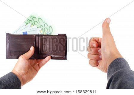 Businessman hands holding a wallet with euros