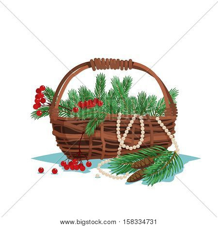 Set of basket of fir branches berries and cones isolated on white background. Vector stock illustration.