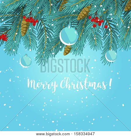 Christmas greeting card background poster. Stock illustration with fir branches and Christmas balls on blue background.