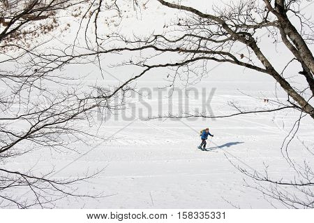 TERMINILLO ITALY - JANUARY 02 2015: Skiers on the of Ski resort Terminillo mountains Apennines central Italy. This is the most important ski resort of the Lazio.