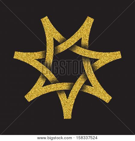 Golden glittering logo in Celtic style on black background. Tribal symbol in seven pointed star form. Gold stamp for jewelry design.