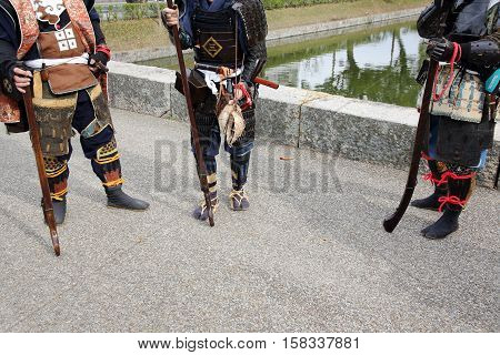KAGAWA, JAPAN - NOVEMBER 20: Ancient firelock rifle fighters at Marugame Historical battle Festival, event dedicated to Japanese culture and tradition at Marugame-castle on November 20, 2016 in Japan.