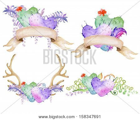 Watercolor antler and bouquet with succulent cactus and fern. Hand painted deer horns. Boho style for your design. Wedding invitation Valentines Day cards ect