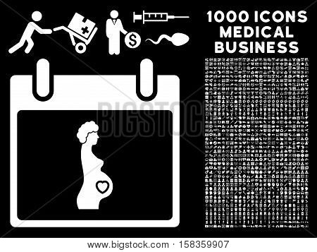 White Pregnant Woman Calendar Day vector icon with 1000 medical business pictograms. Set style is flat symbols, white color, black background.