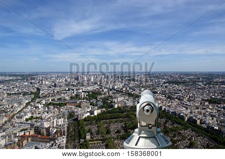 Telescope Viewer And City Skyline At Daytime. Paris, France. Taken From The Tour Montparnasse
