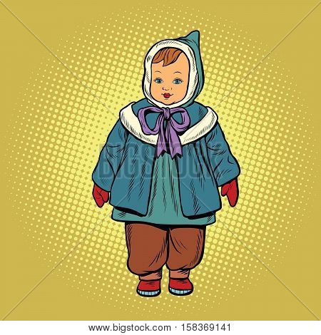 toddler retro clothes doll, pop art vector illustration. Childhood and fashion