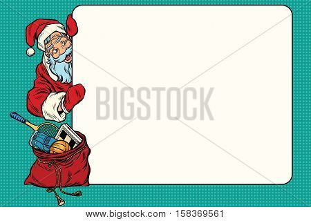 cartoon Santa Claus character showing a blank sign. A Christmas gift bag. pop art perto vector illustration