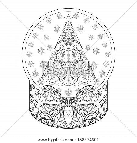 Vector zentangle snow globe with Christmas  tree. Hand drawn ethnic decorative snowglobe for adult coloring book. Illustration for New Year 2017, posters and greeting cards