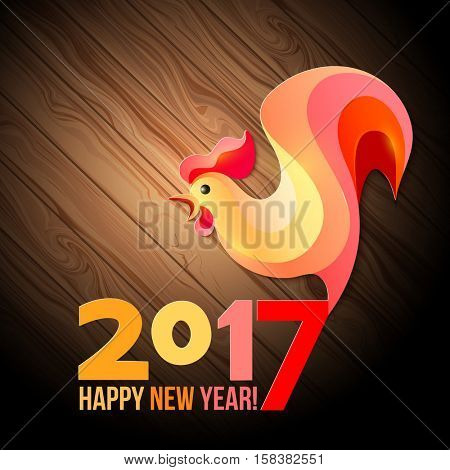 Colorful poster of a rooster isolated on wood background. Good for prints, covers, posters, cards, gift design. Happy 2017 Chinese New Year card.