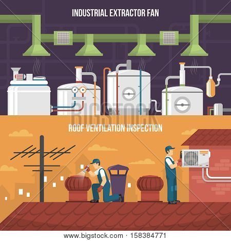 Conditioning and heating horizontal banners presenting ventilation inspection working on roof and industrial extractor fan flat isolated vector illustration