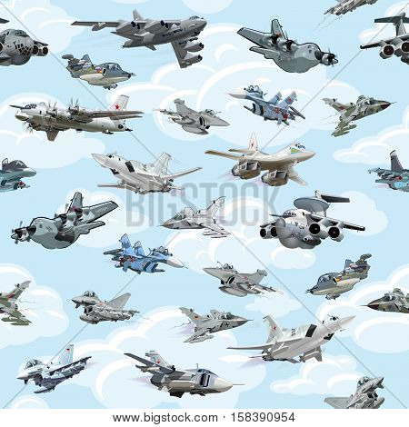 Cartoon military airplanes seamless pattern on clouds background