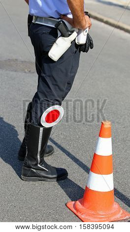 Policeman With Red Paddle Traffic