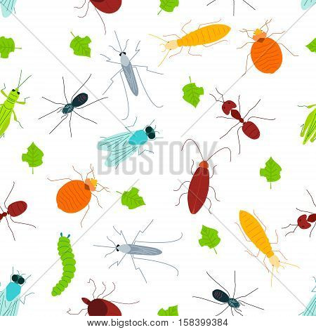 Seamless pattern of pest insects and damaged leaves on white background. Parasitic beetle concept. Perfect for exterminator service and pest control companies. Vector illustration.