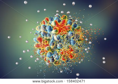 Destruction of hepatitis B virus by silver nanoparticles, 3D illustration. Conceptual image for antiseptics and anti-hepatitis treatment