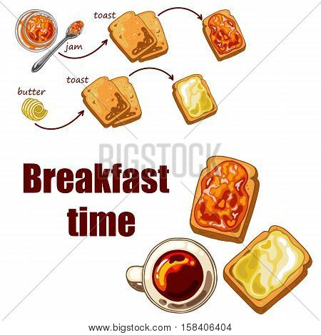 Set with breakfast food: toast bread jam and butter vector illustration