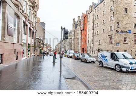 Edinburgh, Scotland, UK- july 18, 2016; details of the High Street in the Royal Mile. The Cross of North Bridge Street