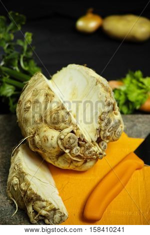 Celery root - celeriac source of vitamine fresh healthy vegetable wedge