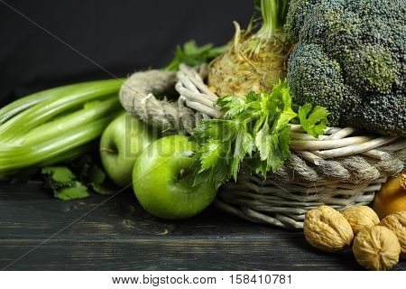 Green vegetables and fruits - celery apples celery root celeriac broccoli healthy diet concept