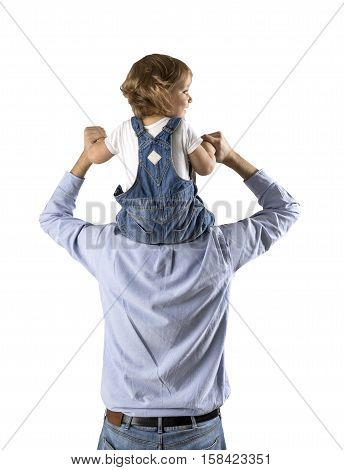 Rear view of a father holding his son in jeans overalls on his shoulders. Isolated portrait. Mock up