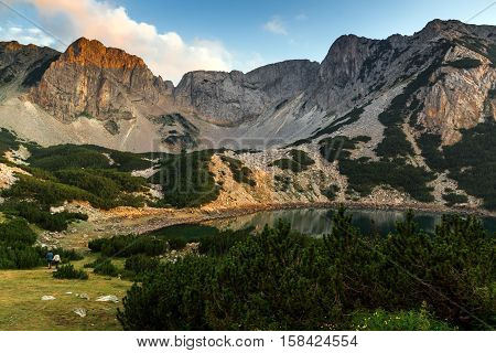 Amazing sunset of Sinanitsa peak and  the lake, Pirin Mountain, Bulgaria