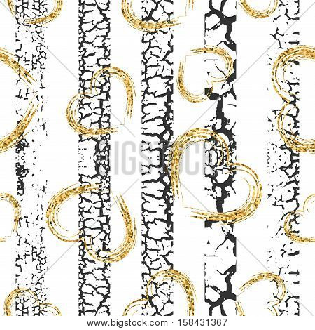 Gold grunge hearts craquelure stripes seamless pattern. Golden glitter confetti. White and black background. Love Valentine day wedding design card wallpaper wrapping textile Vector Illustration