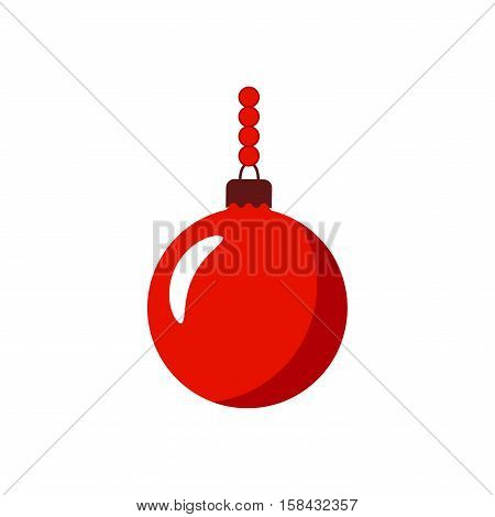 Christmas tree ball with chain. Red bauble decoration isolated on white background. Symbol of Happy New Year Xmas holiday celebration winter. Flat design for card. Vector illustration