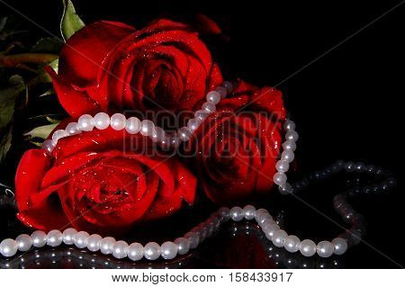 Red Roses And White Necklace On A Black Background