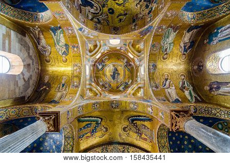 Ceiling In The Church Martorana. Golden Mosaics. Palermo, Sicily, Italy.