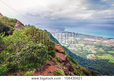 Vista view of the south shore of Oahu from the top of Kuliouou ridge