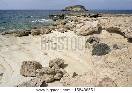 Chalk Beach at Cape Drepano with Geronisos Island Agios Georgios Cyprus