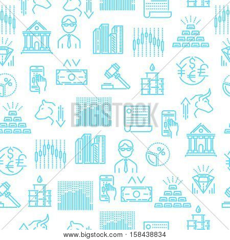 Stock exchange seamless linear pattern with bulls and bears minerals and gold auction and diagrams vector illustration