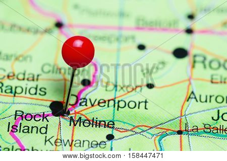 Moline pinned on a map of Illinois, USA